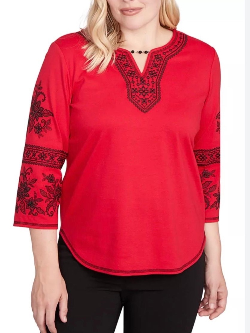 Alfred Dunner Red V-Notch Top with Black Embroidered Floral Accents